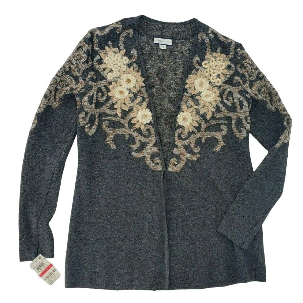 Vintage NWT Charter Club Embroidered Gray Floral Sweater XS Refined‎ Opulence